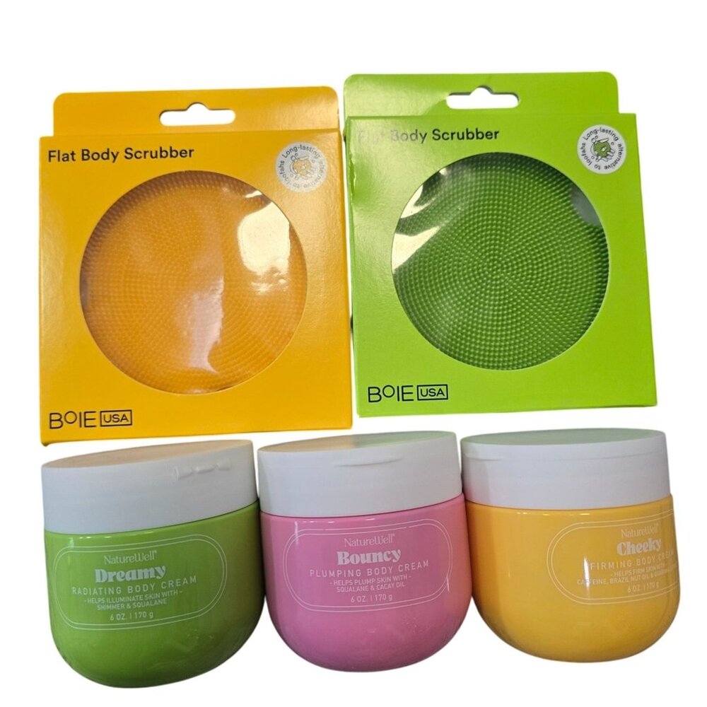NatureWell Body Cream Set &amp; Boie USA Flat Body Scrubber 3 creams and 2 scrub